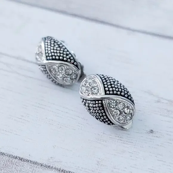 Vintage Clip On Earrings Elegant & Stylish Silver Tone & Clear Gems - Picture 2 of 8